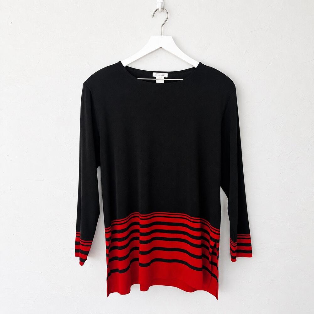 Exclusively Misook Black Red Stripe Knit Tunic Sweater L 90s Minimalist Mod
